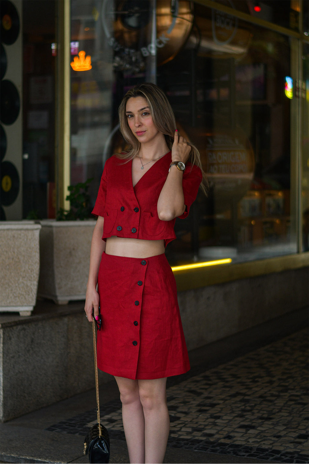 Casaco Linho Vermelho Cereja Peça Única