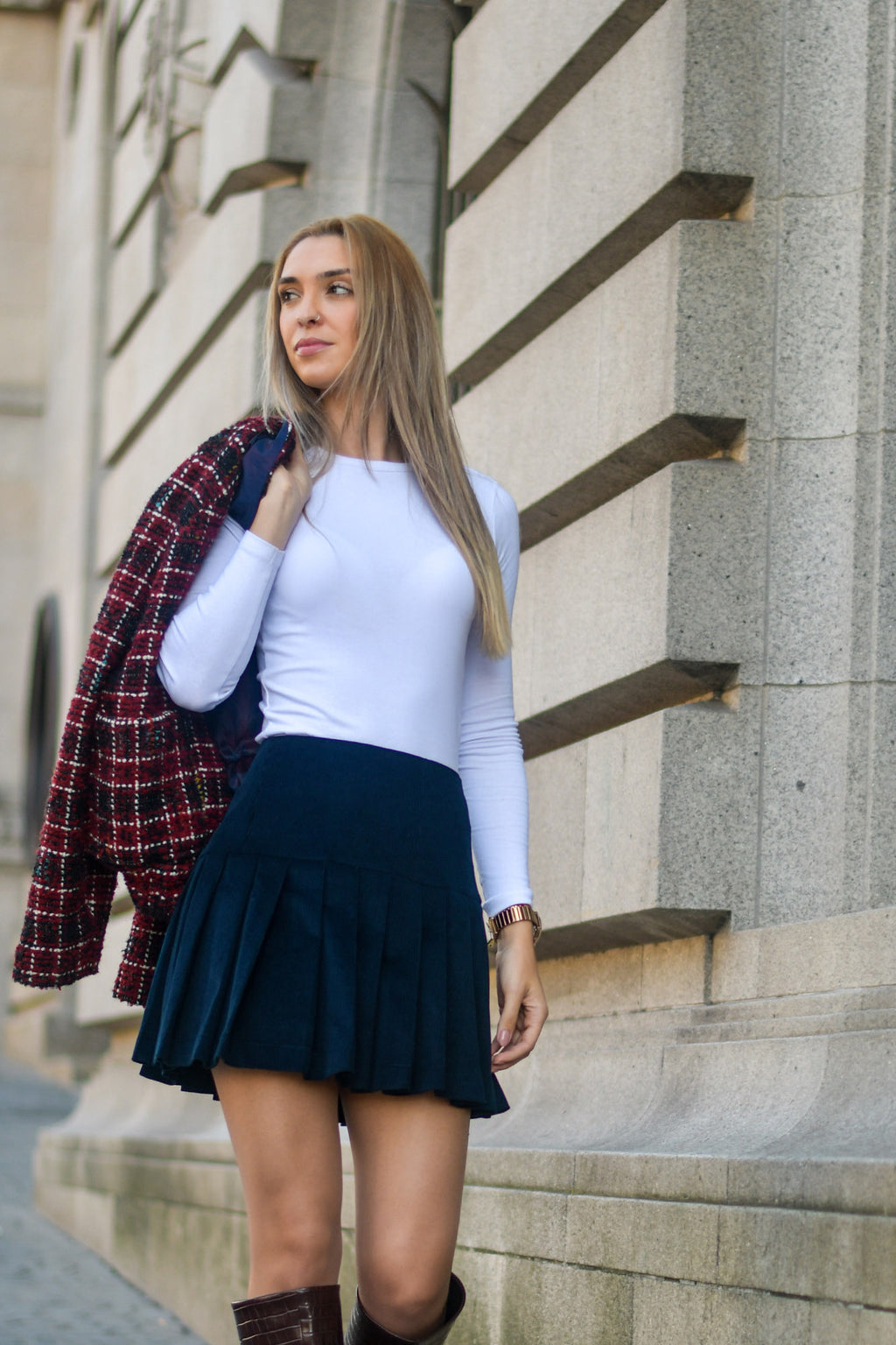 Mini-Saia de Pregas Bombazina Azul