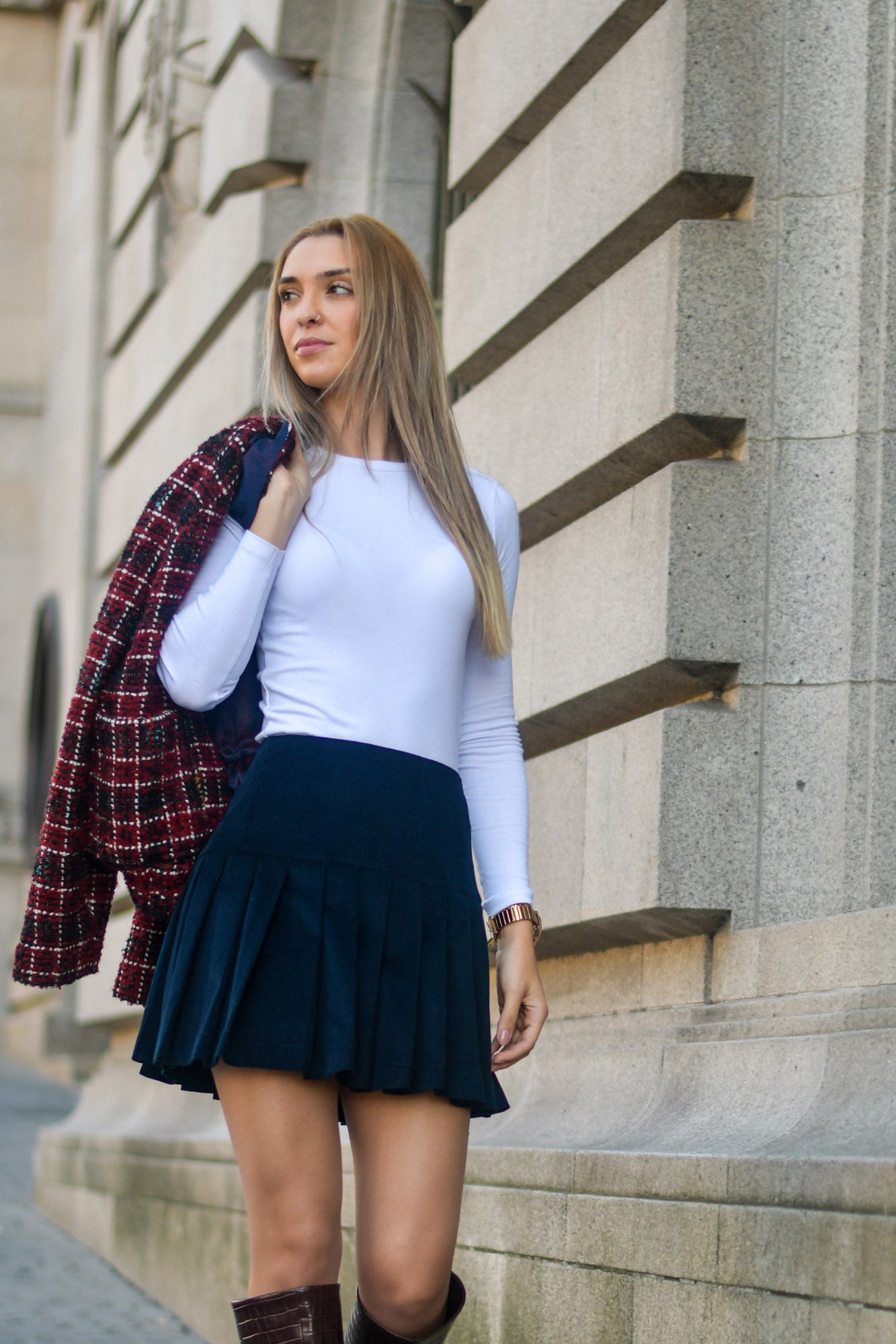 Mini-Saia de Pregas Bombazina Azul