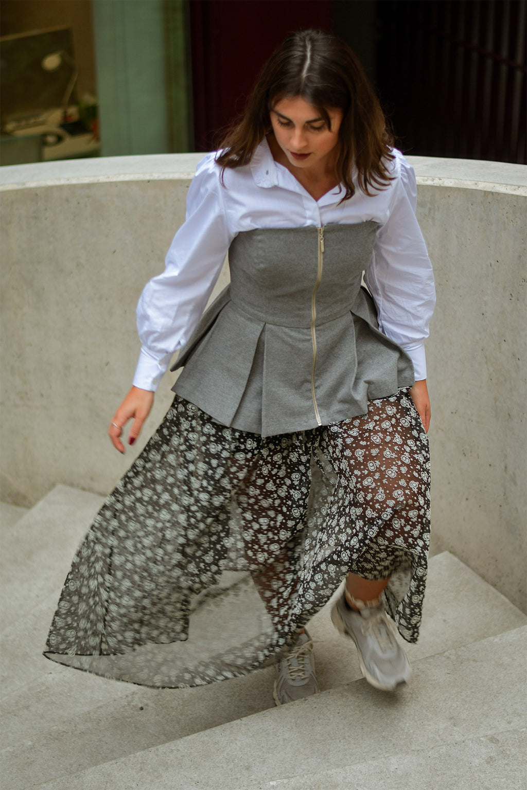 Saia Midi de Tule Bordado Cinza Limited Edition