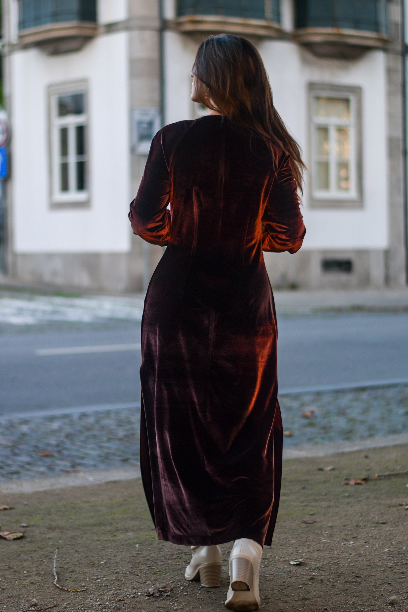 Vestido Comprido Veludo Castanho