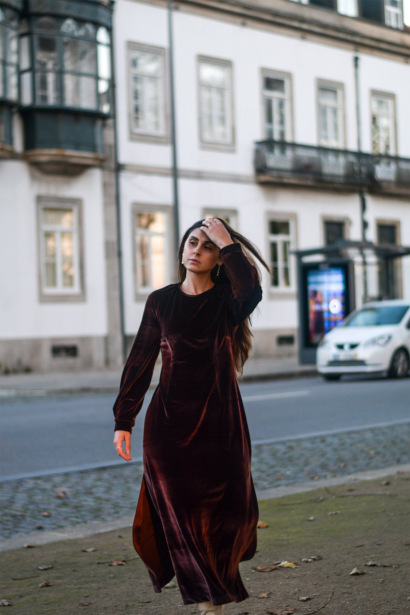 Vestido Comprido Veludo Castanho