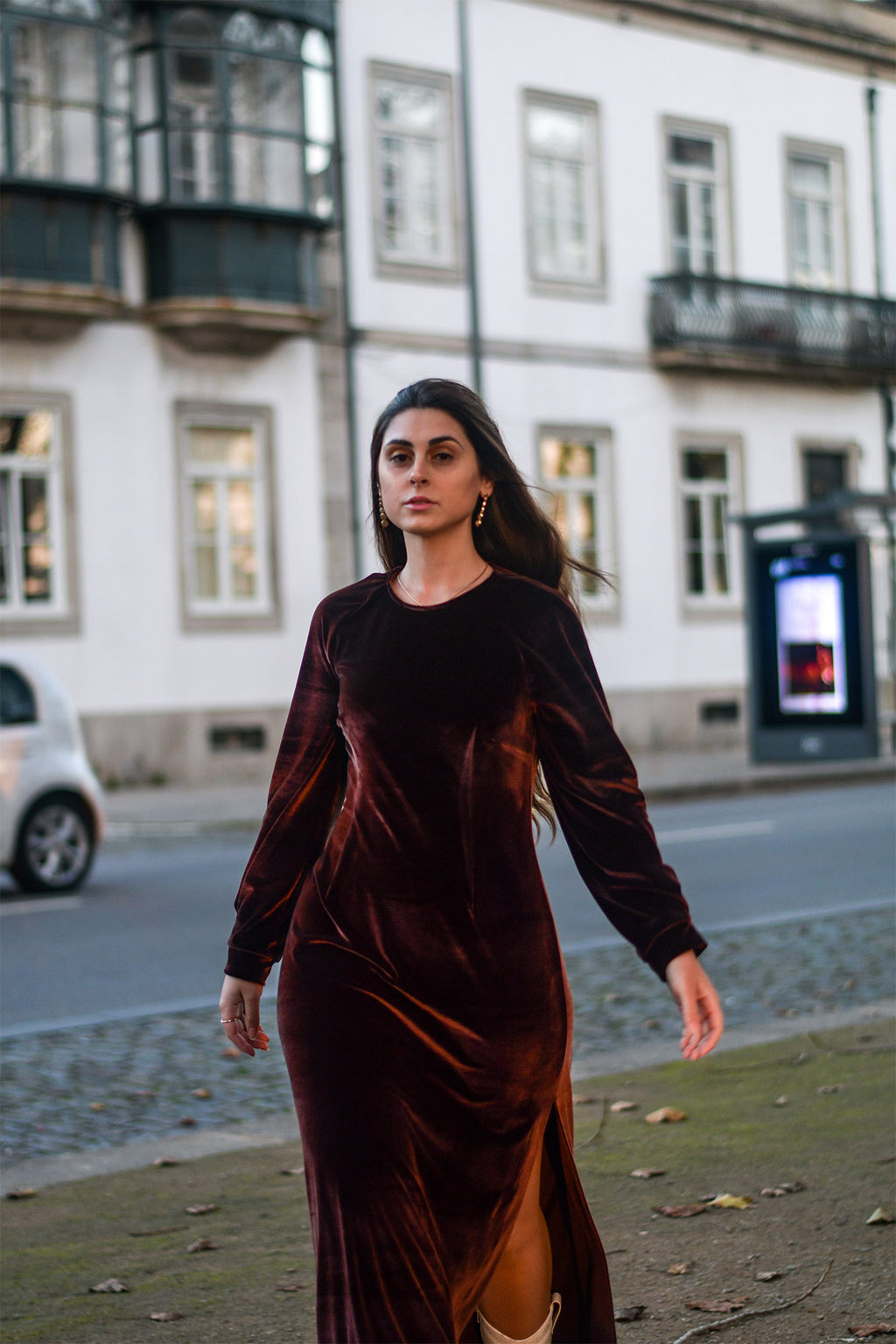 Vestido Comprido Veludo Castanho