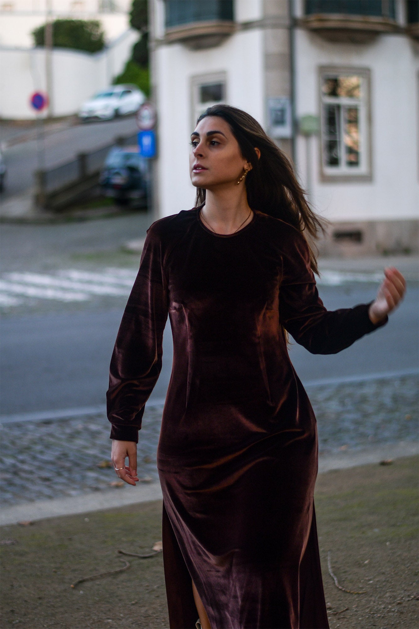 Vestido Comprido Veludo Castanho